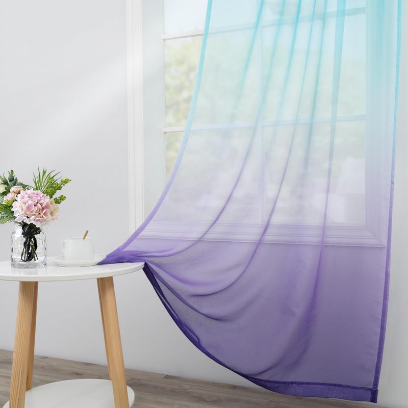 KOUFALL Lavender Purple and Teal Curtains for Kids Girls Bedroom, Mermaid Room Decor, Ombre Sheer Curtains for Nursery Girls Room, Wide 52 x 63 Inch Length, 2 Panels Set - Image 4